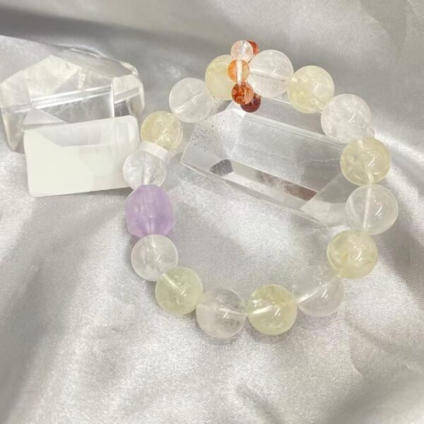 Natural Citrine & Amethyst Beaded Bracelet with Floral Charms and Sliding Ring Design - Image 2